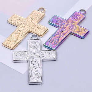18k gold plated stainless steel cross pendants with sunflower relief in three colors