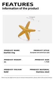 Detailed chart showing dimensions of a large gold starfish ring in stainless steel