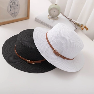 Flat top straw sun hats for women in black and white with brown leather strap