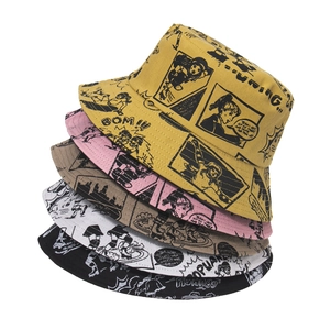 Unisex Cotton Bucket Hat With Retro Comic Print Sun Protection Outdoor Streetwear Fisherman Cap Foldable