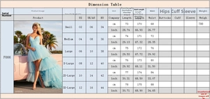 Size chart for the light blue backless wedding dress with high-low hem and long train
