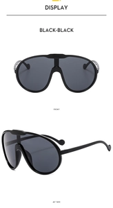 Front and 45-degree side views of black oversized sports cycling sunglasses