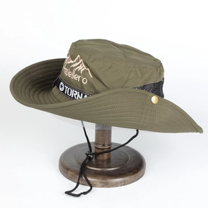 Detailed side view of military green outdoor hat with breathable mesh and logo embroidery