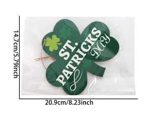 Detail of St. Patrick's Day shamrock wood sign with size labels and hanging jute rope