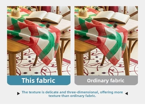 Detailed macro view of the textured red and green plaid Christmas tablecloth fabric