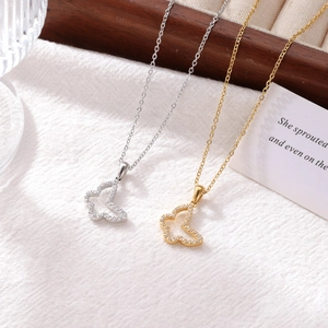 Butterfly Necklace Titanium Steel Pendant With Zircon Elegant Simple Fashion Jewelry For Women Hollow Design Gift Accessory