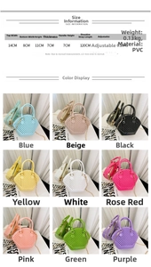 Detailed size chart and multi-color options for the mini PVC shell crossbody bag
