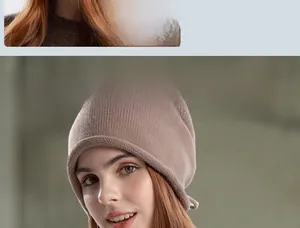 Detail of soft brown knitted slouchy beanie with adjustable drawstring bow for women