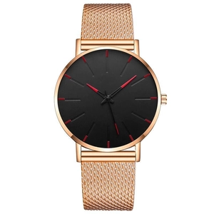Men's business quartz watch with gold mesh strap, black dial, and red markers