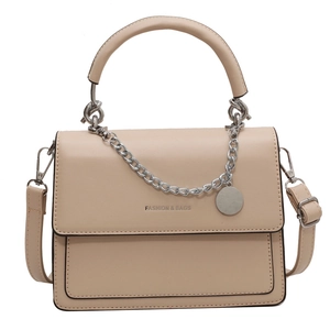 Chic beige square crossbody bag with silver chain and FASHION & BAGS lettering
