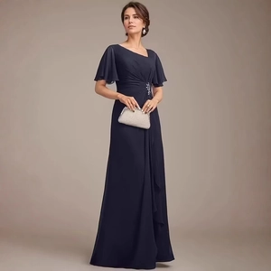 Elegant Chiffon Maxi Evening Dress Women Asymmetric Neckline Ruffle Flutter Sleeve Pleated Rhinestone Wedding Guest Gown