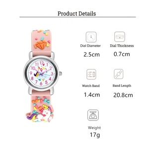 Detailed view of pink unicorn kids watch with 3D embossed silicone rainbow strap