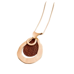 Vintage gold metal double loop necklace with brown woven pendant and fine snake chain