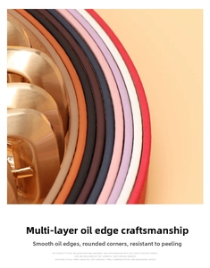 Detail showing colorful faux leather belts with brushed metal buckles and smooth edges