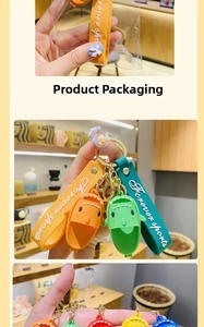 Detailed view of colorful shark slipper keychains with matching Forever sports silicone straps