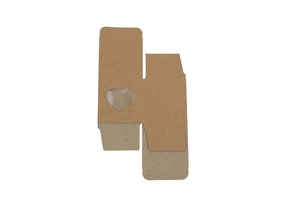 Flat lay detail of brown kraft paper gift box with heart-shaped PVC window