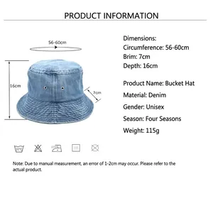 Retro washed denim bucket hat with frayed edges for men and women, shown with size measurements