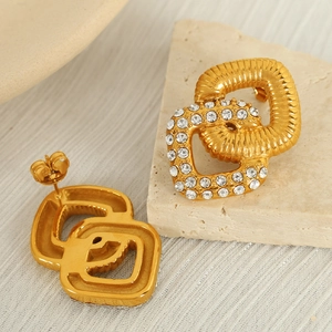 Fashionable gold interlocking double hoop earrings with paved zircon stones