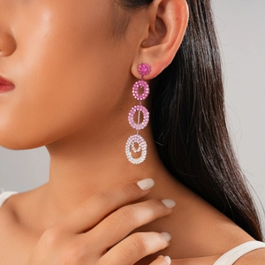 Pink gradient hollow geometric floral drop earrings with sparkling rhinestones for women