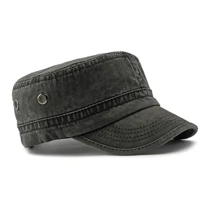 Gorra militar transpirable de algodón lavado gris carbón con estilo retro de copa plana