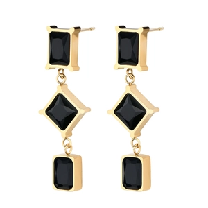 Detailed close-up of gold stainless steel earrings with black geometric zirconia stones