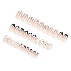 30pcs French black press-on nails with silver glitter gradient, pearls and rhinestones