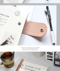 Detail of transparent PVC notebook binder with pink leather snap button closure