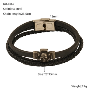 Men's vintage skull cross braided leather bracelet with stainless steel magnetic clasp