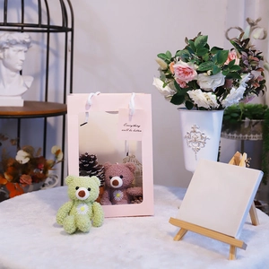 Pink gift bag with clear window showing two plush bears and a decorative pine cone