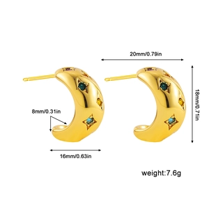 Chunky gold-plated C-shaped earrings with colorful star zircon inlays and dimensions