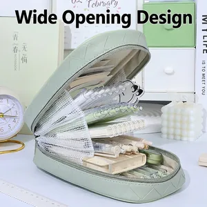Large capacity woven pencil case in light green with multi-layer storage compartments