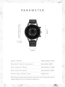 Detailed spec sheet showing 41mm dial and 9.5mm thickness for men's quartz calendar watch