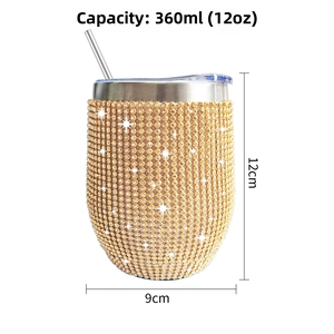 Detail of 12oz wine tumbler with gold rhinestone inlay and stainless steel straw
