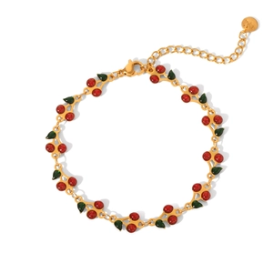 Bohemian 18K gold plated stainless steel bracelet featuring red cherry charms with green leaves