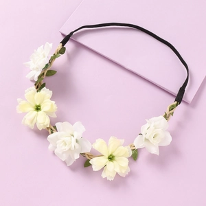 Floral hair wreath with five hand-woven white and yellow flowers on braided rope headband