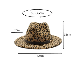 Wide brim leopard print wool fedora hat with leather belt and dimension markings