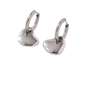 Polished silver heart pendant hoop earrings in stainless steel for women fashion