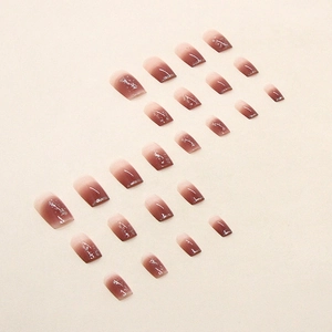 Gradient reddish brown square fake nails set with silver glitter tips for women