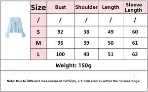 Size chart for light blue ruffled V-neck top showing bust, shoulder and length data