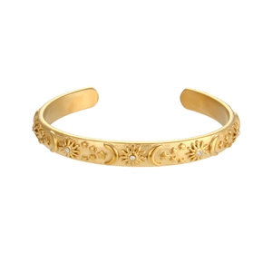 18K gold plated celestial open bangle with sun moon star patterns and zircons