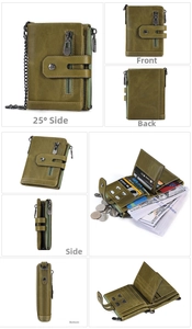 Detail view of olive green vintage leather wallet with card slots and metal security chain