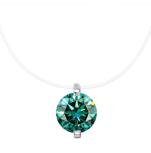 Detail of teal moissanite pendant with invisible transparent fishing line chain