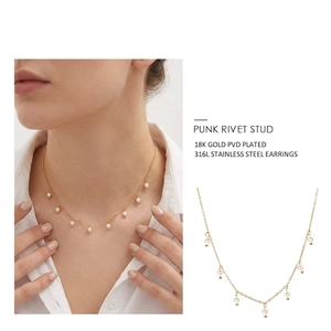 18K gold PVD plated stainless steel necklace with small freshwater pearls tassel style