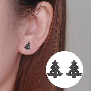 Minimalist black hollow Christmas tree stud earrings for women in a modern holiday style
