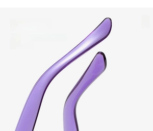 Detail of purple transparent curved temples on heart-shaped jelly sunglasses