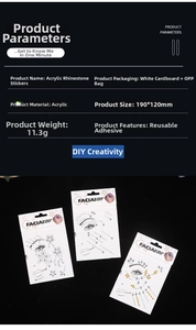 Detailed specs of acrylic face gems for party makeup with packaging dimensions