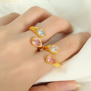 Vintage 18K Gold Plated Titanium Steel Water Drop Zirconia Open Ring Niche Design Pear Shaped Adjustable Ring For Women