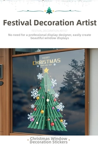 Detail of Christmas tree window sticker with colorful ornaments and snowflakes