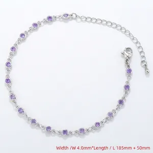 Detail of silver chain bracelet with round purple zircons and lobster clasp with extender