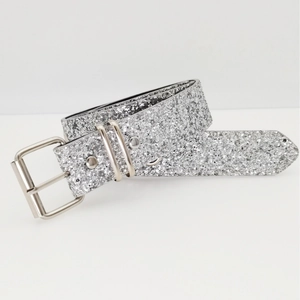 Sparkly silver sequin belt with metal buckle in Western Y2K style on white background